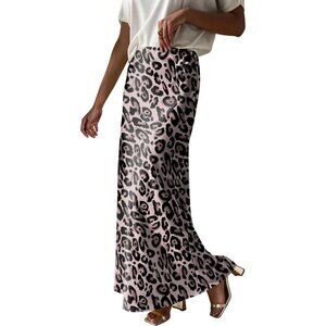 Women Leopard Maxi Dressy Casual Zipped High Waisted Silk Elegant Long Skirt